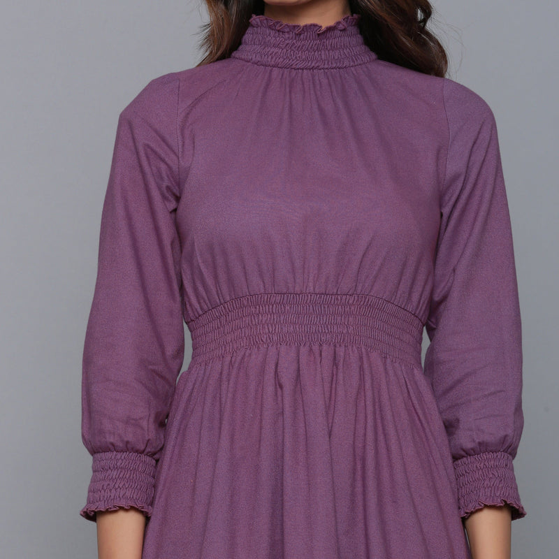 Front Detail of a Model wearing Grape Wine Flannel High Neck Midi Dress