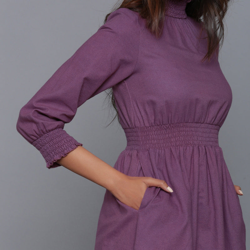 Front Detail of a Model wearing Grape Wine Flannel High Neck Midi Dress