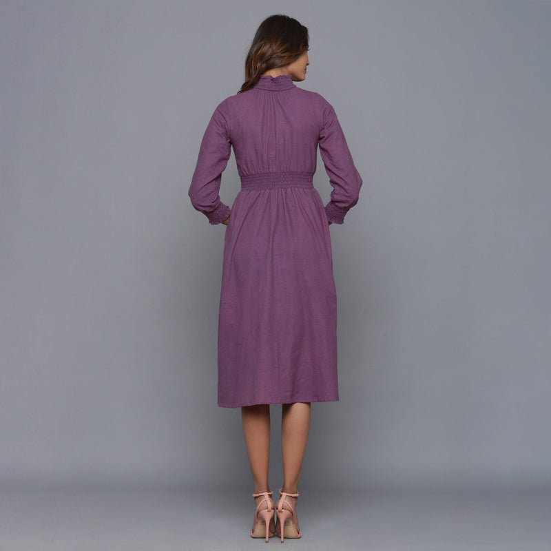 Back View of a Model wearing Grape Wine Flannel High Neck Midi Dress