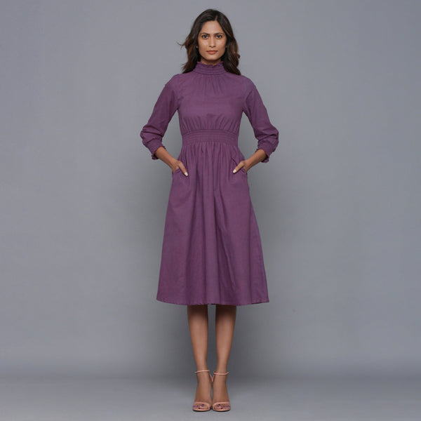 Front View of a Model wearing Grape Wine Flannel High Neck Midi Dress