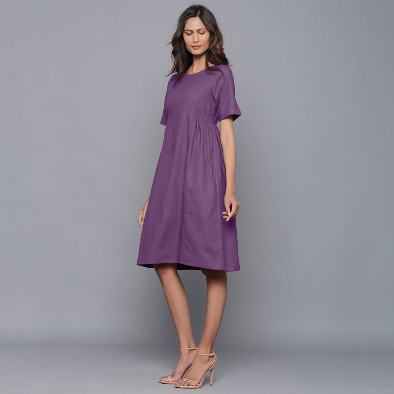 Left View of a Model wearing Grape Wine Paneled Cotton Flannel Dress