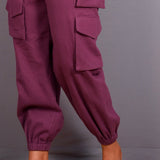 Front Detail of a Model wearing Grape Wine Warm Cotton Flannel Elasticated Cargo Jogger Pant