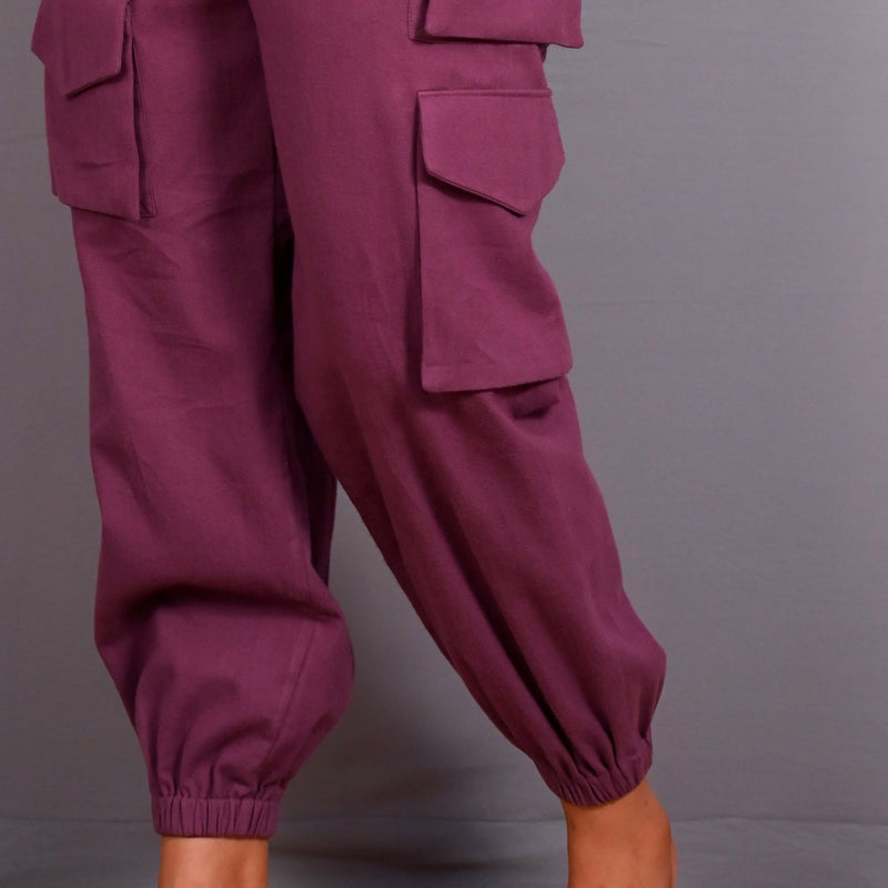 Front Detail of a Model wearing Grape Wine Warm Cotton Flannel Elasticated Cargo Jogger Pant