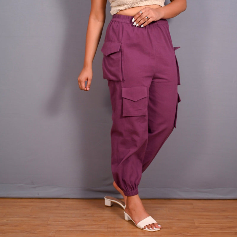 Right View of a Model wearing Grape Wine Warm Cotton Flannel Elasticated Cargo Jogger Pant