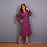 Right View of a Model wearing Grape Wine Warm Cotton Flannel Midi Blazer Dress