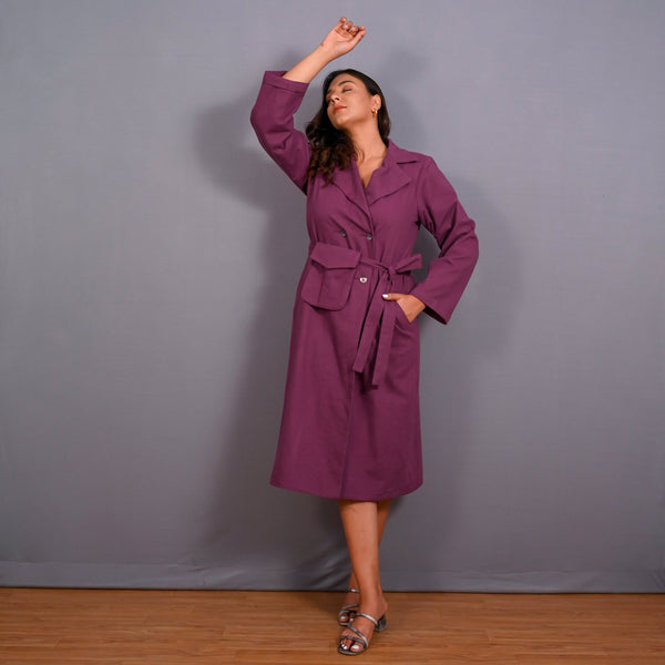 Front View of a Model wearing Grape Wine Warm Cotton Flannel Midi Blazer Dress