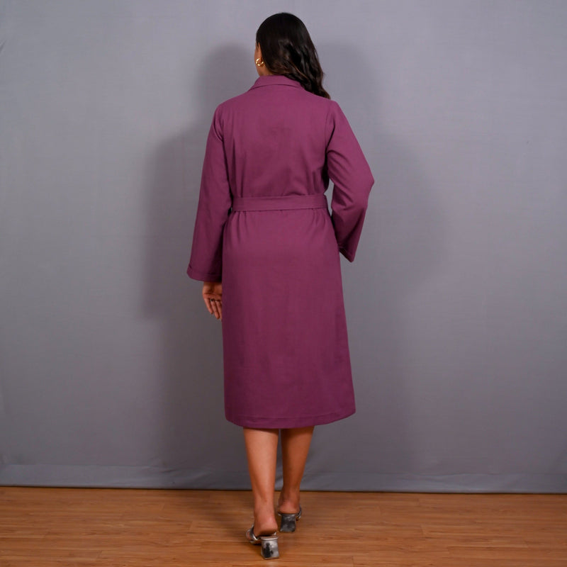Back View of a Model wearing Grape Wine Warm Cotton Flannel Midi Blazer Dress