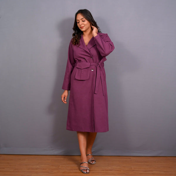 Front View of a Model wearing Grape Wine Warm Cotton Flannel Midi Blazer Dress