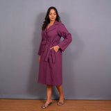Left View of a Model wearing Grape Wine Warm Cotton Flannel Midi Blazer Dress