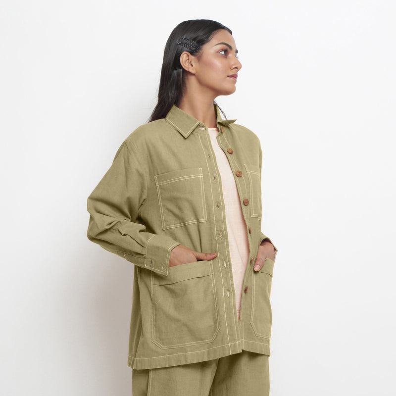 Right View of a Model wearing Green 100% Cotton Button-Down Outerwear