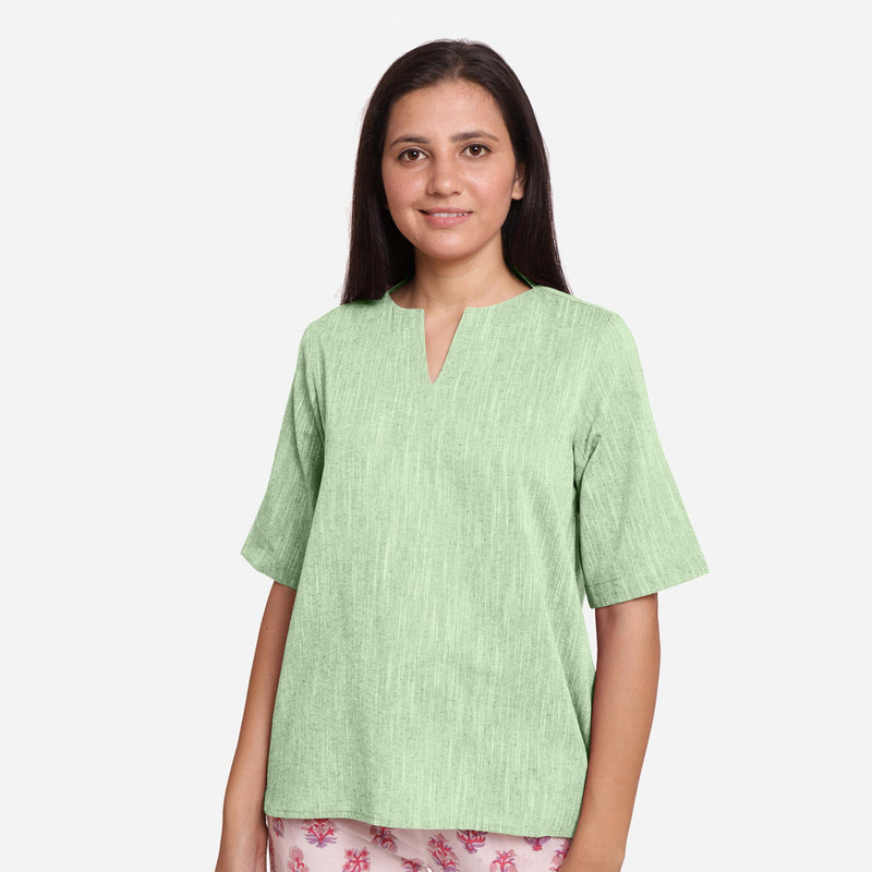 Front View of a Model wearing Green 100% Cotton High Low Tunic Top
