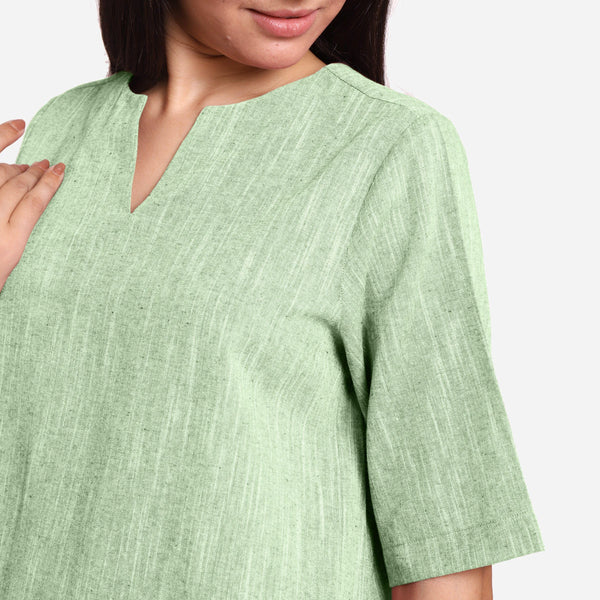 Front Detail of a Model wearing Green 100% Cotton High Low Tunic Top