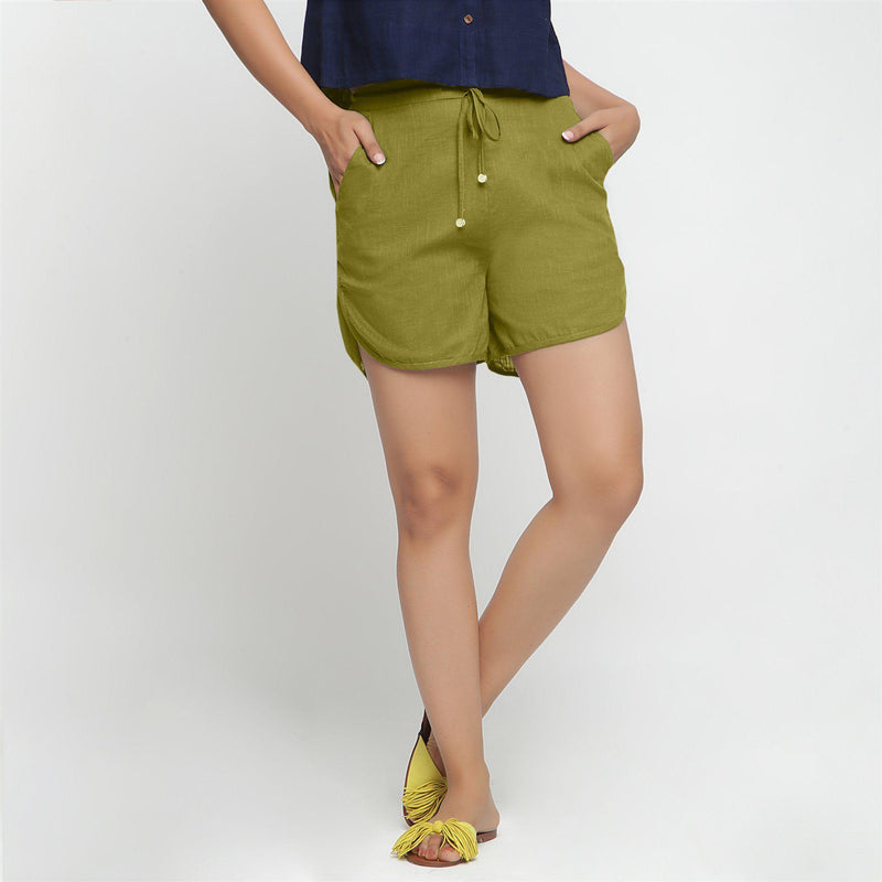 Front View of a Model wearing Green 100% Cotton Low-Rise Short Shorts