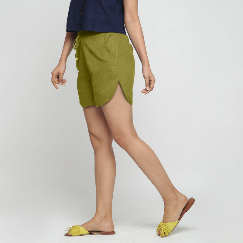 Left View of a Model wearing Green 100% Cotton Low-Rise Short Shorts