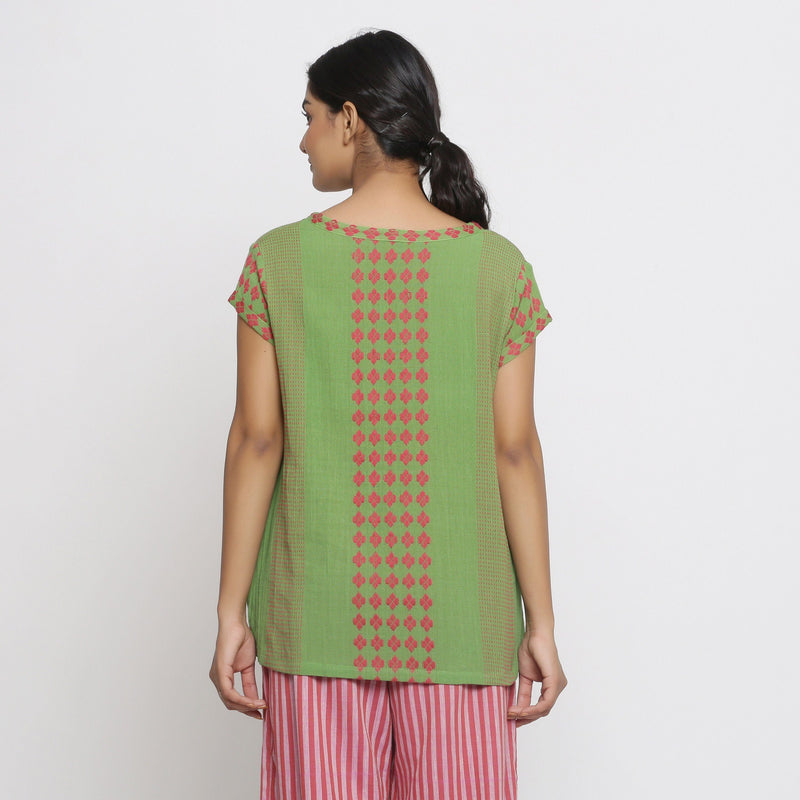 Back View of a Model wearing Green And Red Yarn Dyed A-Line Top