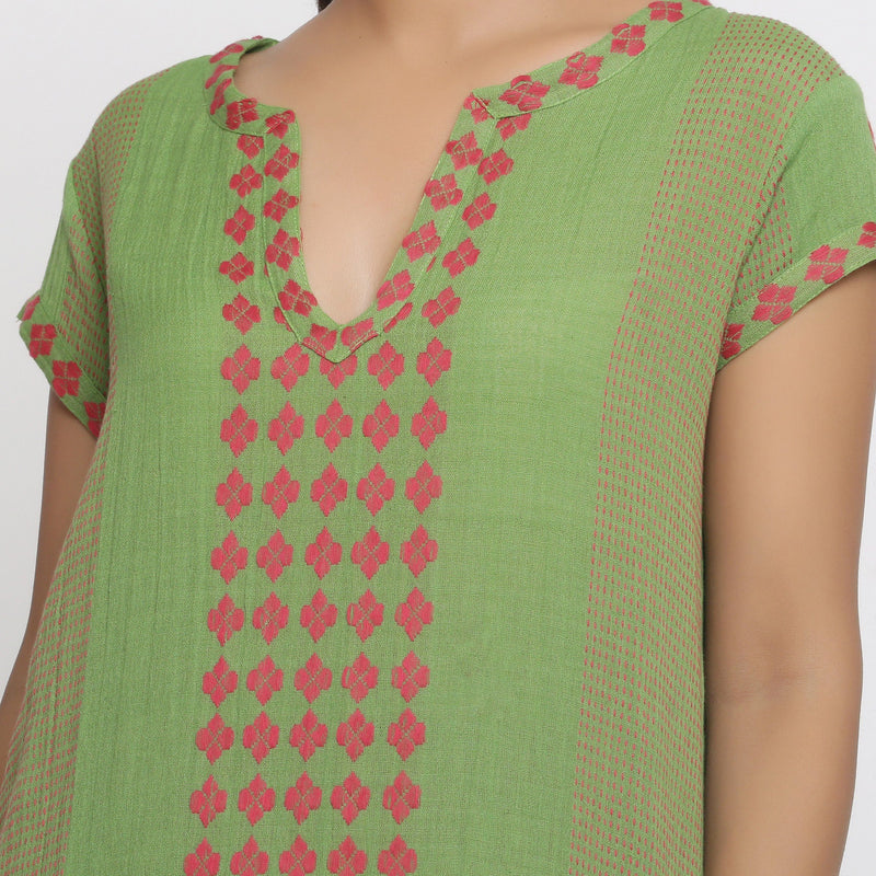 Front Detail of a Model wearing Green And Red Yarn Dyed A-Line Top