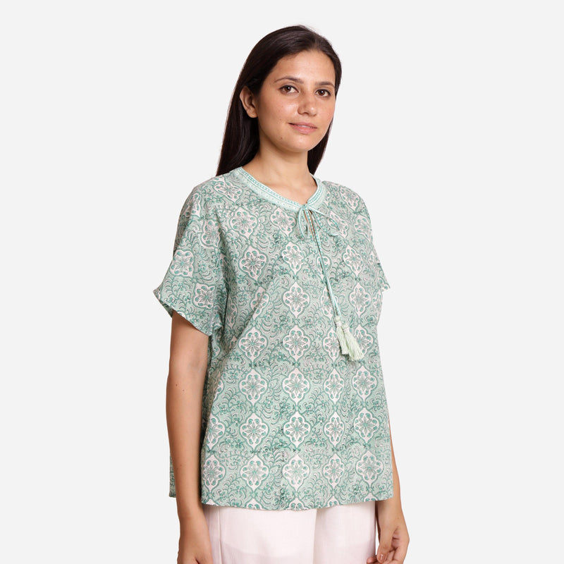 Right View of a Model wearing Sanganeri Block Print Floral Tunic Top