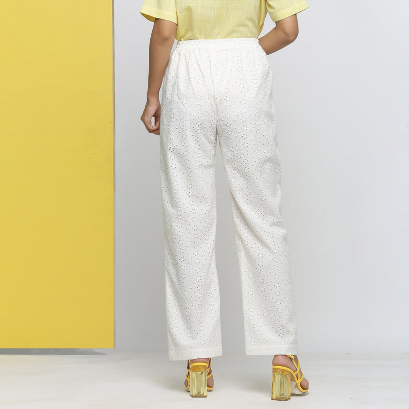 Back View of a Model wearing Cotton Schiffli White Straight Pant