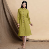 Front View of a Model wearing Green Button Down Cotton Flax Knee Length Formal Dress