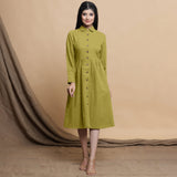 Front View of a Model wearing Green Button Down Cotton Flax Knee Length Formal Dress