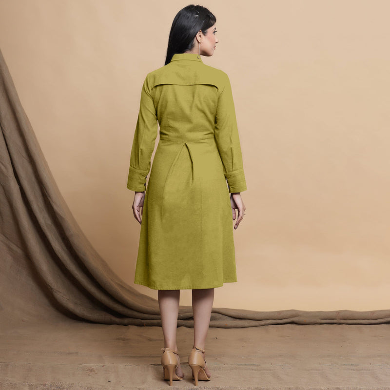 Back View of a Model wearing Green Button Down Cotton Flax Knee Length Formal Dress