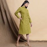 Right View of a Model wearing Green Button Down Cotton Flax Knee Length Formal Dress