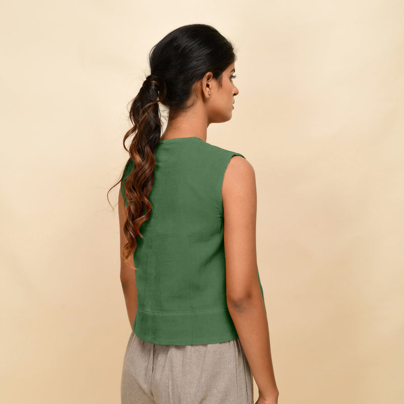 Back View of a Model wearing Green Corduroy Button-Down Short Top