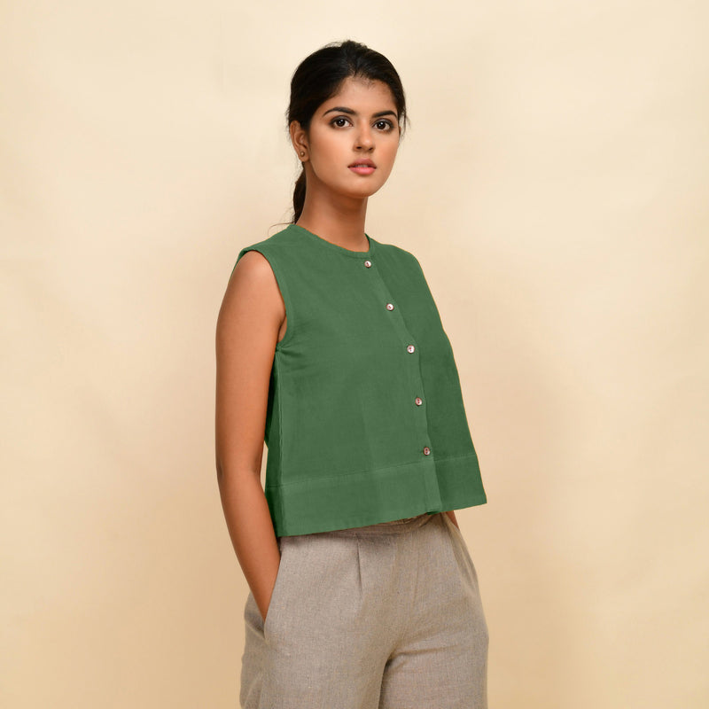 Right View of a Model wearing Green Corduroy Button-Down Short Top