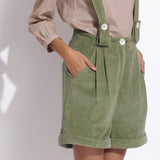Front Detail of a Model wearing Green Cotton Corduroy Short Dungaree
