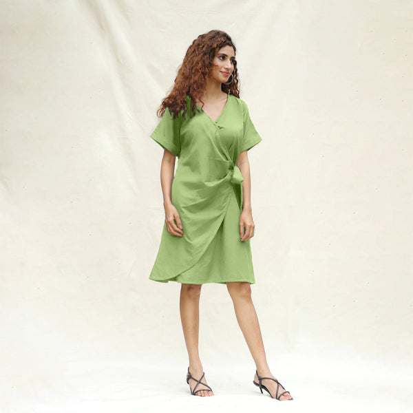 Green Cotton Flax A-Line Knee Length Wrap Dress