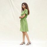 Green Cotton Flax A-Line Knee Length Wrap Dress