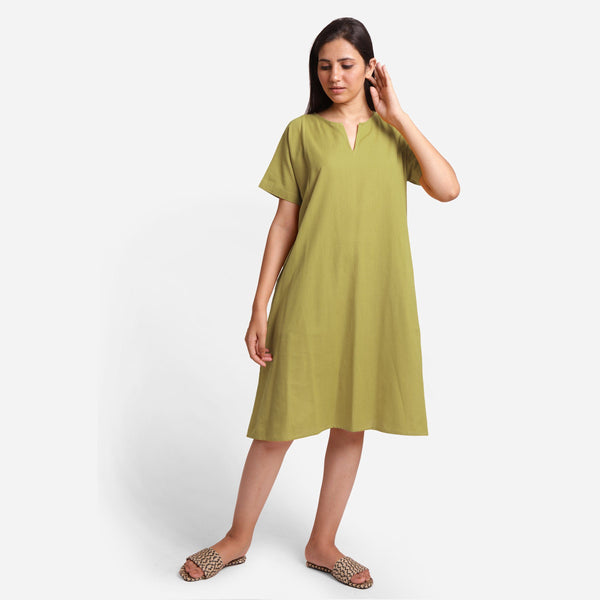 Front View of a Model wearing Green Cotton Flax Anti-Fit Dress