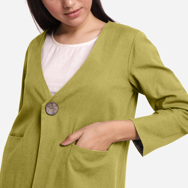 Front Detail of a Model wearing Green Cotton Flax Brown A-Line Jacket