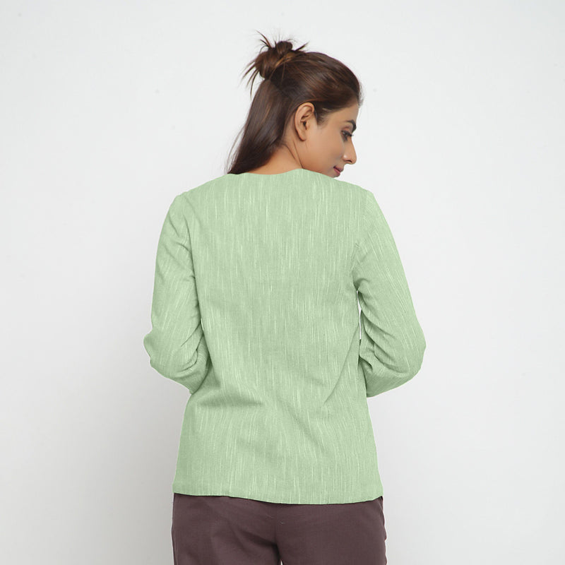 Back View of a Model wearing Green Cotton Flax Button-Down Jacket