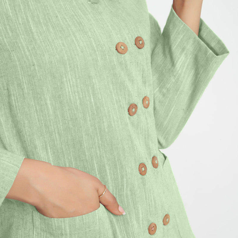 Front Detail of a Model wearing Green Cotton Flax Button-Down Jacket