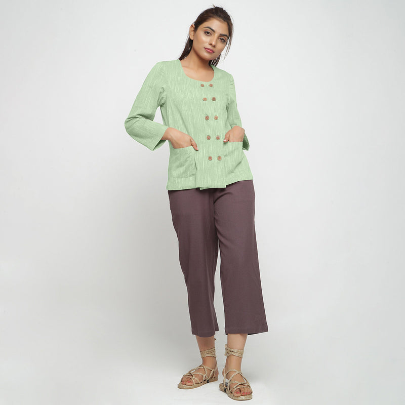Front View of a Model wearing Green Cotton Flax Button-Down Jacket