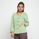 Front View of a Model wearing Green Cotton Flax Button-Down Jacket