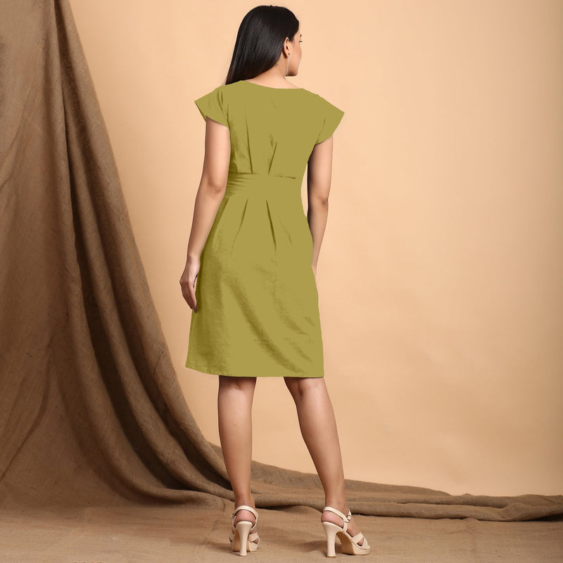 Green Cotton Flax Pleated Cap Sleeves Short Dress