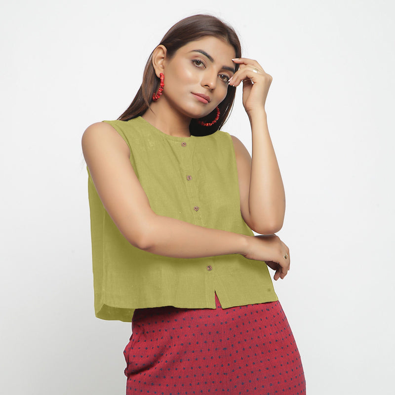 Front View of a Model wearing Green Cotton Flax Button-Down Shirt