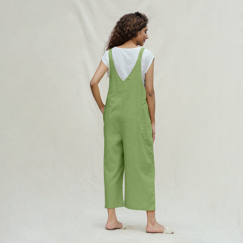 Green Cotton Flax Midi Dungaree Jumpsuit