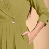 Green Cotton Flax Notched Collar Midi Pleated Wrap Dress