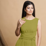 Green Cotton Flax Sleeveless A-Line Midi Dress