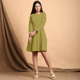 Green Cotton Flax Square Neck Pleated Short Dress