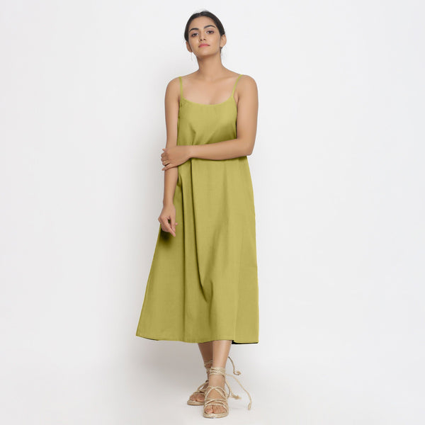 Front View of a Model wearing Green Cotton Flax Strap Sleeve A-Line Dress