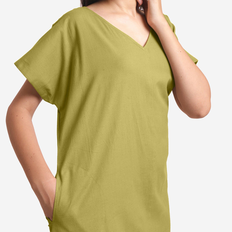 Front Detail of a Model wearing Green Cotton Flax V-Neck Tunic