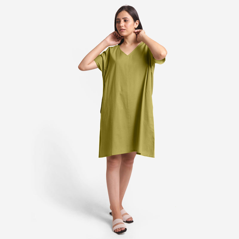 Front View of a Model wearing Green Cotton Flax V-Neck Tunic