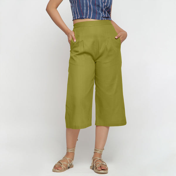 Front View of a Model wearing Green Cotton High Rise Culottes