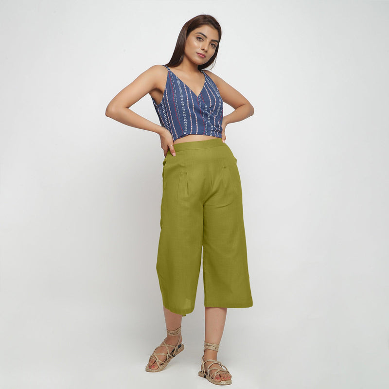 Front View of a Model wearing Green Cotton High Rise Culottes