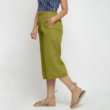 Left View of a Model wearing Green Cotton High Rise Culottes