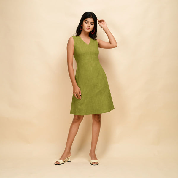 Front View of a Model wearing Green Cotton Slim Fit Short Dress